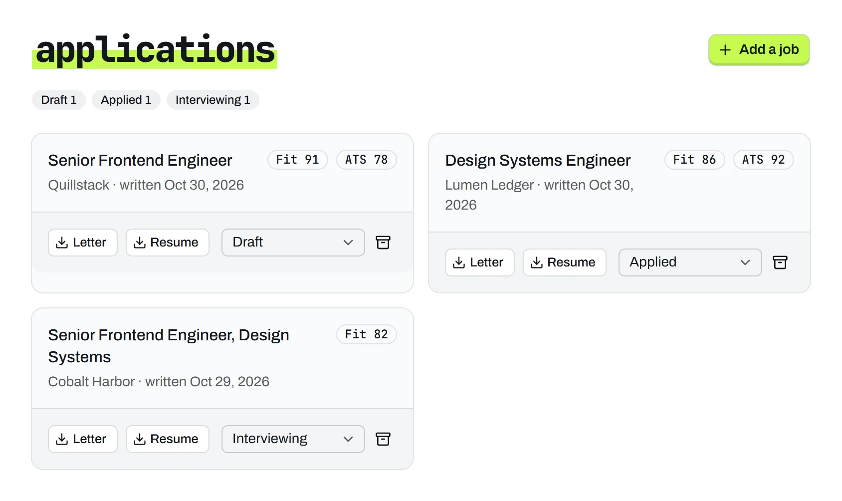The Applications page: three written applications, each with Letter and Resume downloads and a status of Draft, Applied or Interviewing.