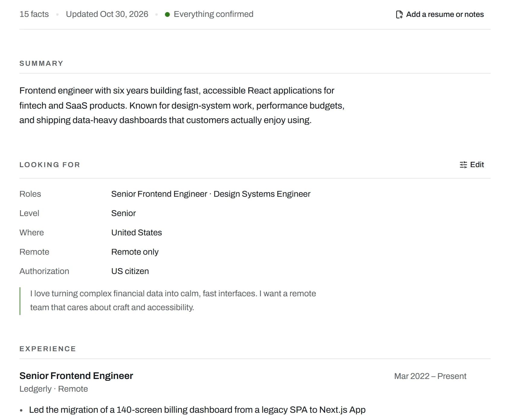 The User information page: a count of facts, the summary, the roles and places the candidate is looking for, and the start of their experience.