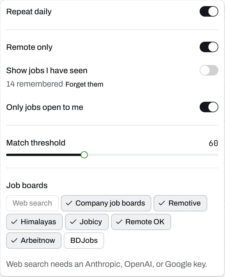 Search settings: Repeat daily switched on, filters for remote and seen jobs, the match threshold, and the job boards to search, with a regional board off.
