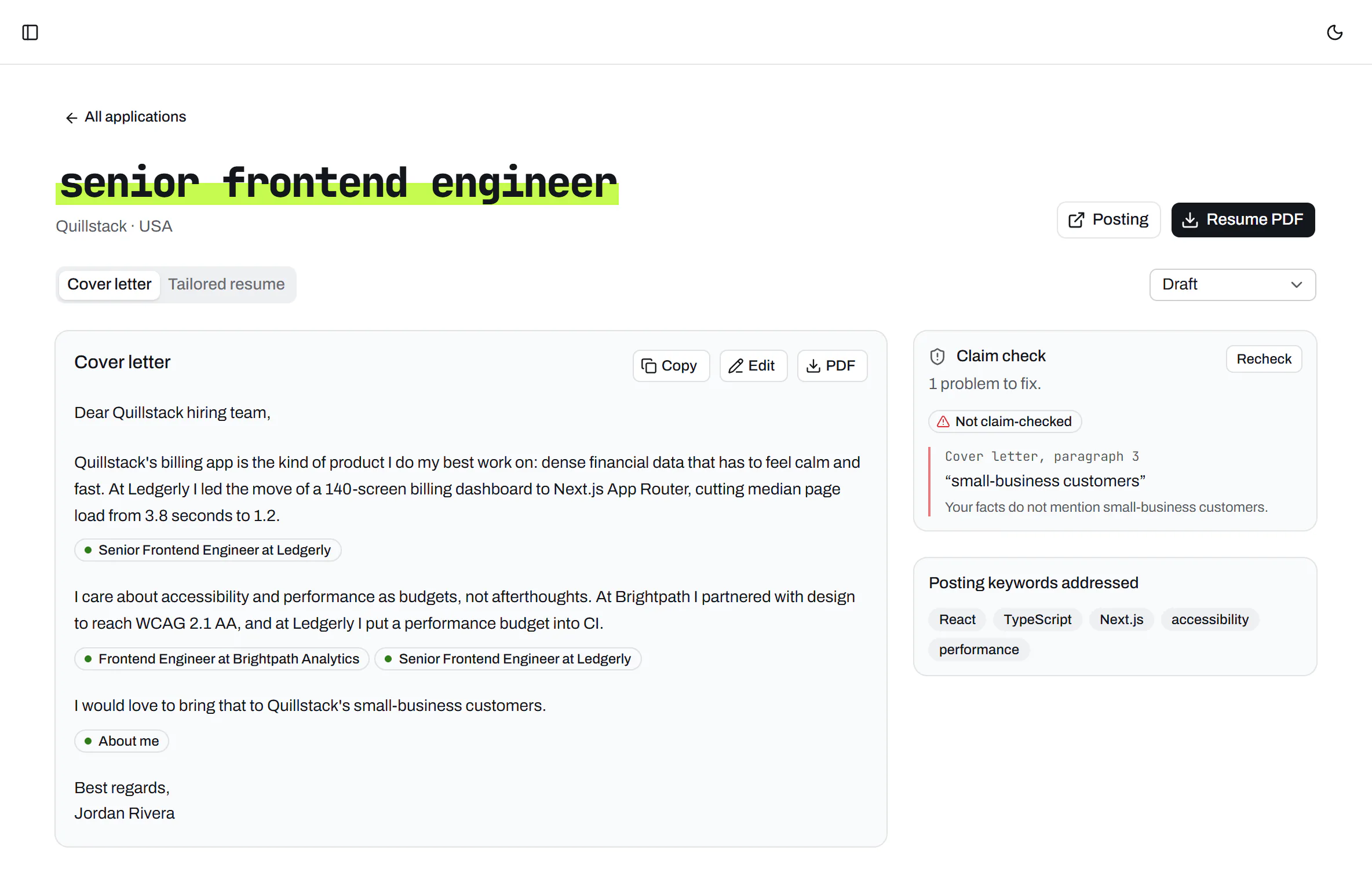 An application page: the drafted cover letter beside its claim check and the keywords it addresses.