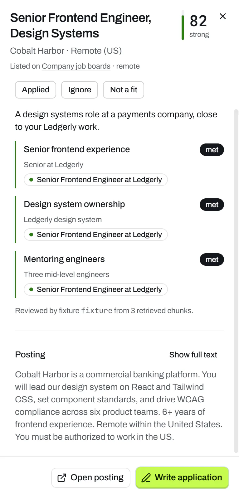 A posting's review: each requirement marked met or partly met, with the facts from the candidate's experience that back it.
